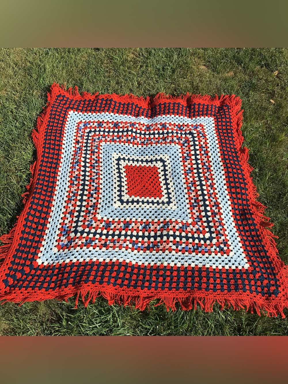 Vintage Handmade Crochet Afghan 70x70 Red Navy Blue Cream OOAK Fringe Throw EUC